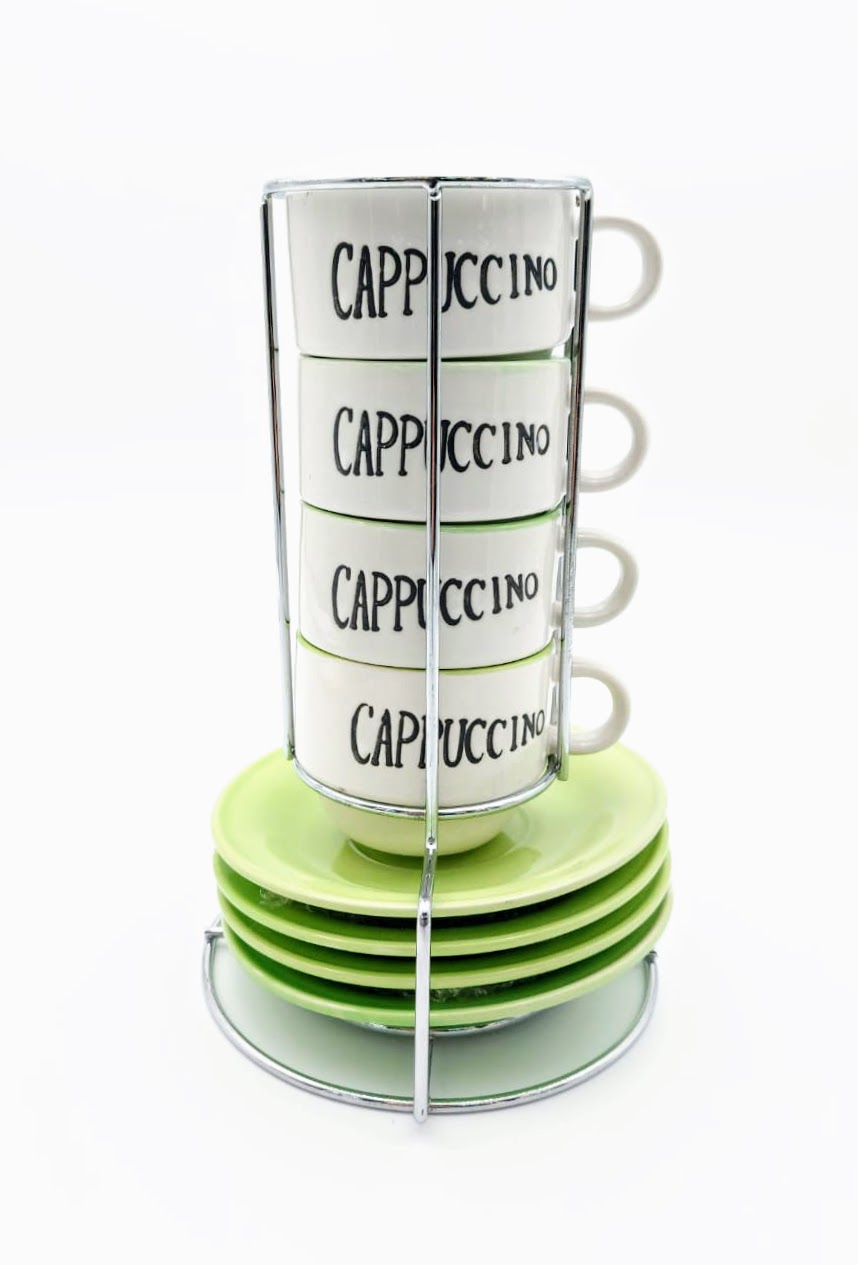 Sada 4 ks šálků a 4 ks podšálků Cappuccino v kovovém stojanu, bílo-zelená
