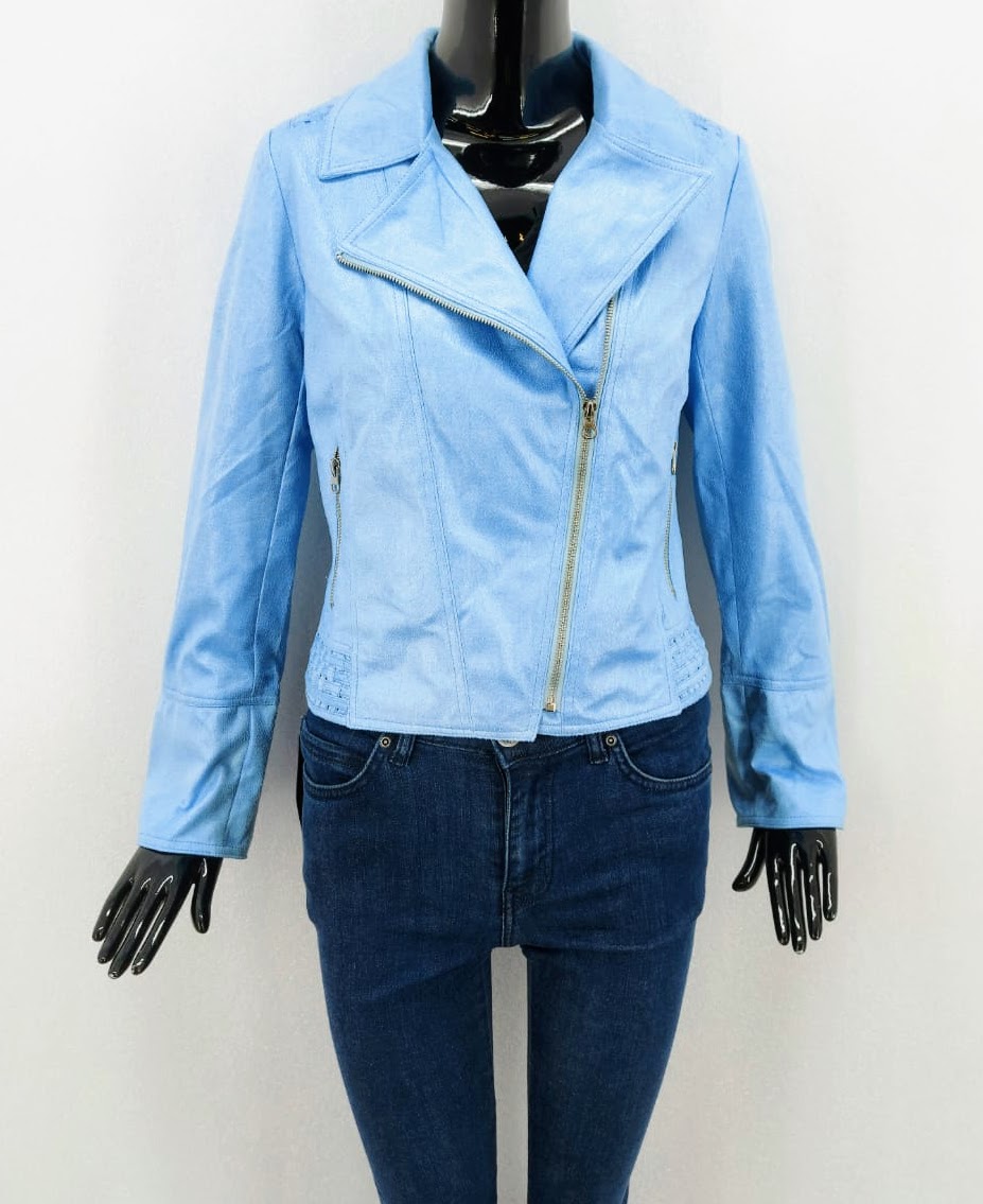 Dámská módní koženková bunda - křivák Freda, světle modrá *Velikosti textil: T4/XL