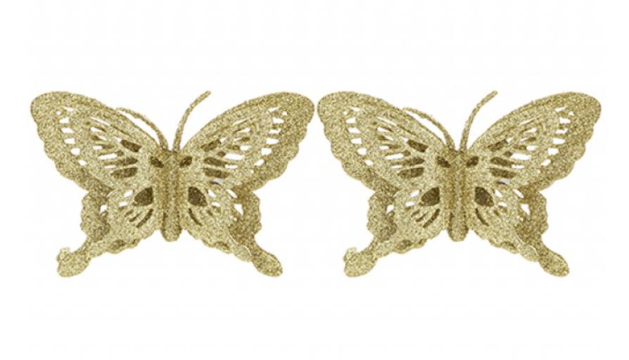 Vánoční třpytivá ozdoba s klipem - motýl  14 cm , 2 ks Základní barvy: zlatá