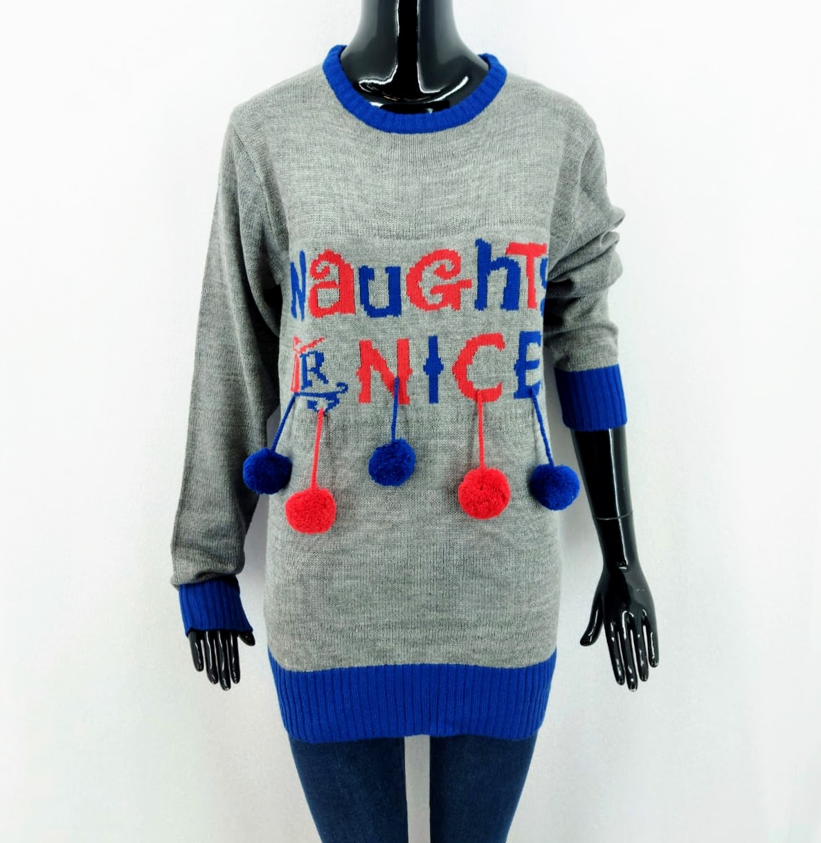 Vánoční svetr s bambulkami - unisex, šedý *Velikosti textil: L