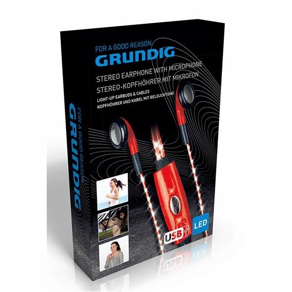 Grundig sluchátka s LED kabelem a mikrofonem, červené