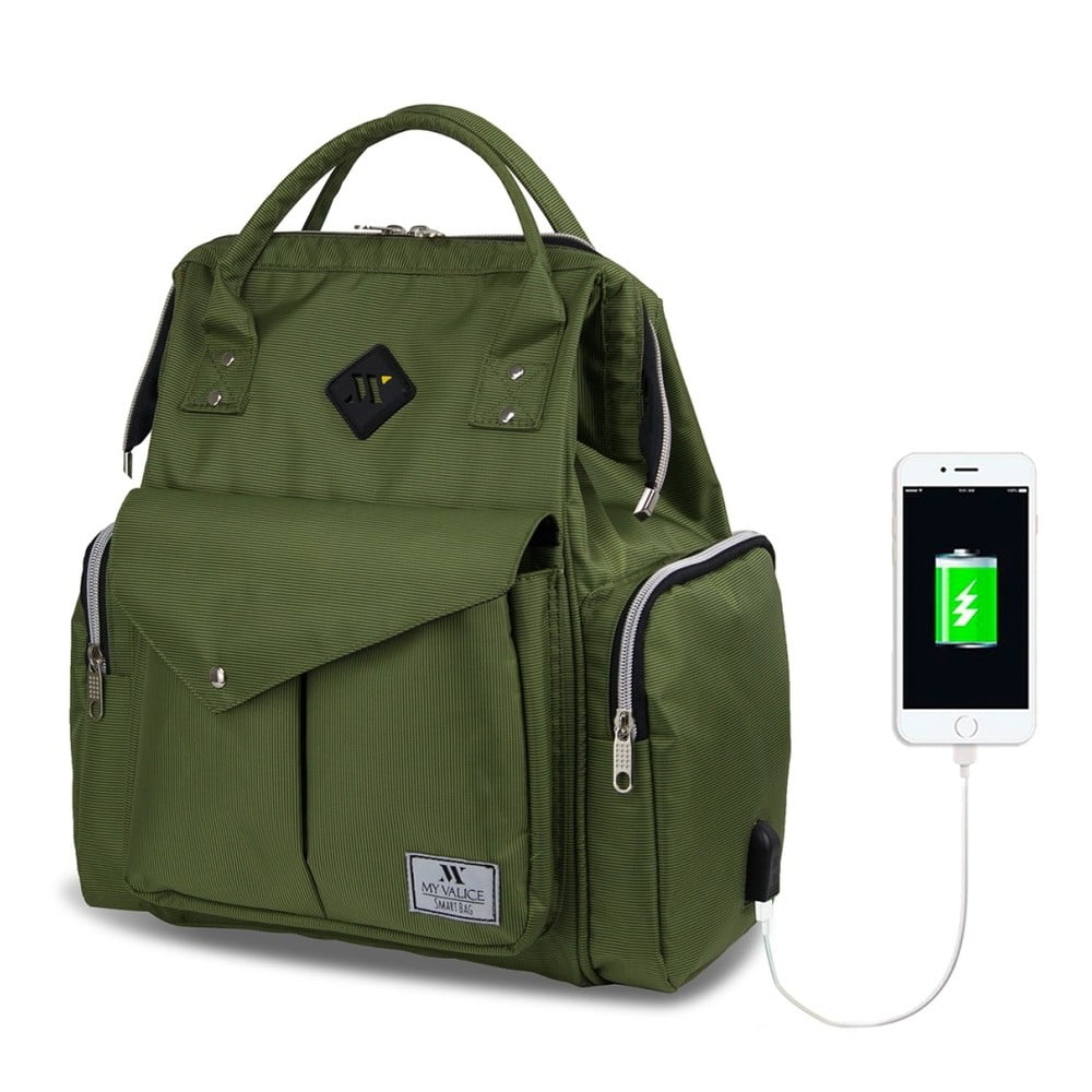 Myvalice Zelený batoh pro maminky s USB portem My Valice HAPPY MOM Baby Care Backpack