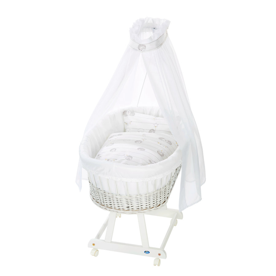 Alvi ® Dětská proutěná  postýlka s nebesy, bílá s  ježky - rozbaleno, kosmetická vada