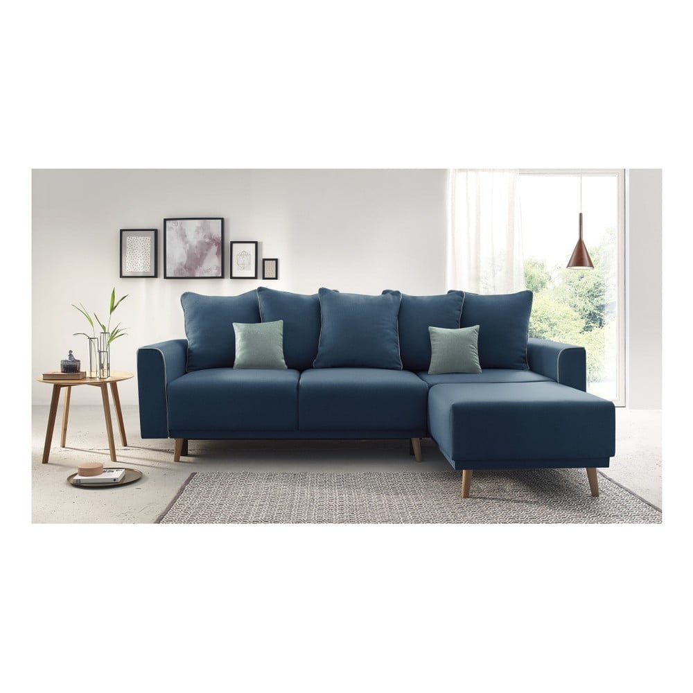 Námořnicky modrá rozkládací rohová pohovka Bobochic Paris Mola, pravý roh - rozbaleno