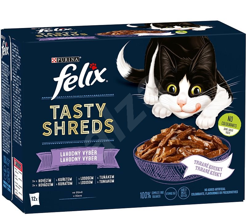 Purina Felix Tasty Shreds s hovězím, kuřetem, lososem, tuňákem ve šťávě 12 x 80 g