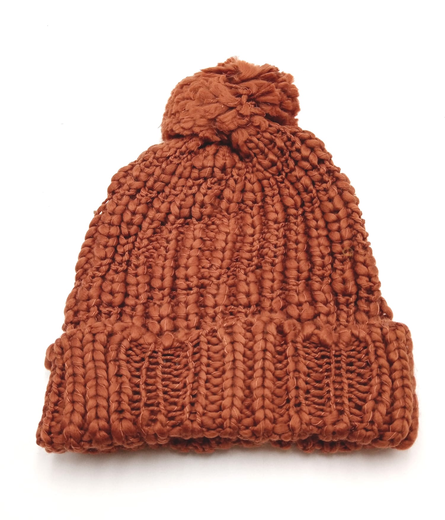 Oodji Čepice pletená copánky s ohrnutým lemem a bambulí, hnědá