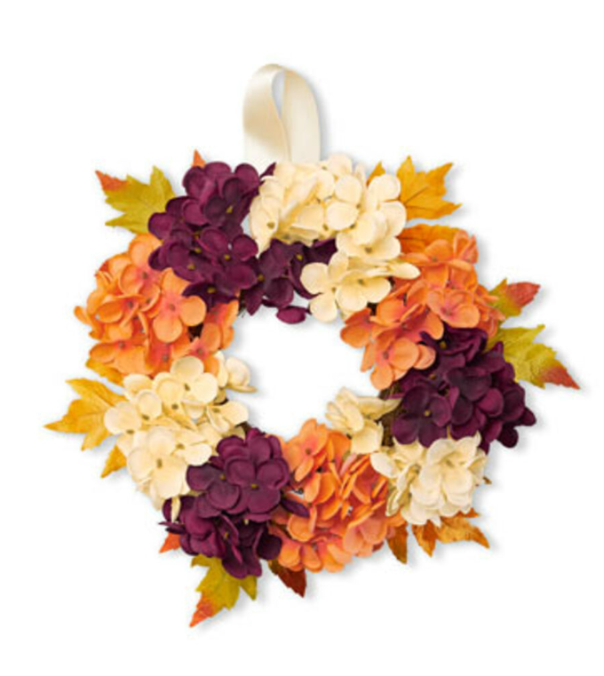 Dekorativní věnec z hortenzií a listů  -  umělý  - Ø 27cm