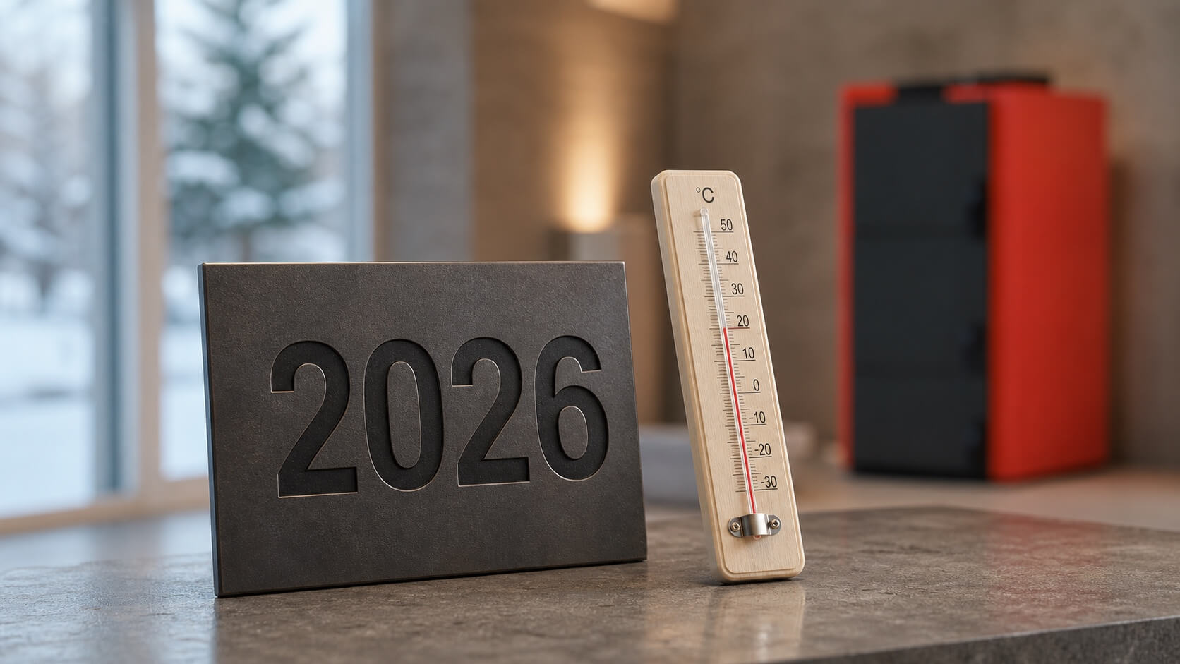 Cedulka s rokem 2026 a domácí teploměr před rozostřeným kotlem Kaloritherm