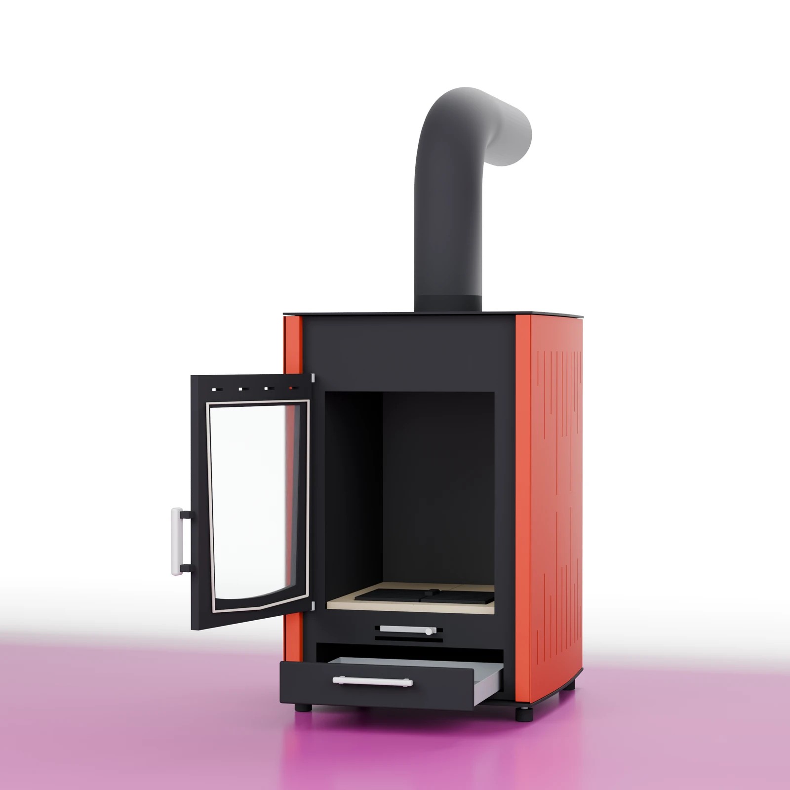 Spalovací prostor a naznačený kouřovod – ilustrační render kamen