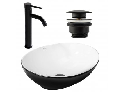 Sada umyvadla Sofia černá/bílá + vysoká baterie Lungo černá + univerzální černá výpusť