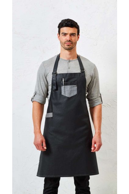'DIVISION' WAXED LOOK DENIM BIB APRON WITH FAUX LEATHER Black Denim (Vyberte barvu černá džínovina, Velikost U)