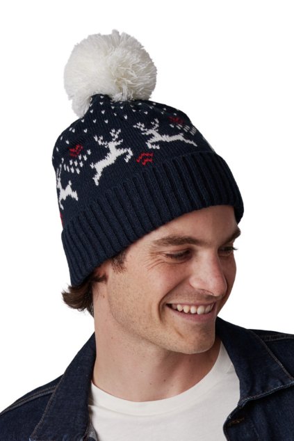 WINTER BEANIE WITH REINDEER DESIGN Cherry Red/Natural (Vyberte barvu třešňová červená / přírodní, Velikost U)