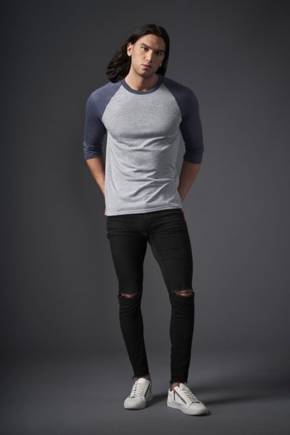ADULT TRI-BLEND ¾ SLEEVE RAGLAN TEE Heather Blue/Heather Grey (Vyberte barvu modrá žíhaná / šedá žíhaná, Velikost XS)