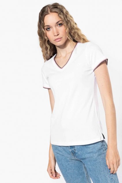 LADIES' PIQUÉ KNIT V-NECK T-SHIRT White/Navy/Red (Vyberte barvu bílá / námořnická modrá / červená, Velikost XS)
