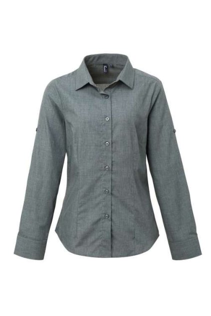 WOMEN'S CROSS-DYE ROLL SLEEVE POPLIN BAR SHIRT Grey Denim (Vyberte barvu šedá džínovina, Velikost XS)