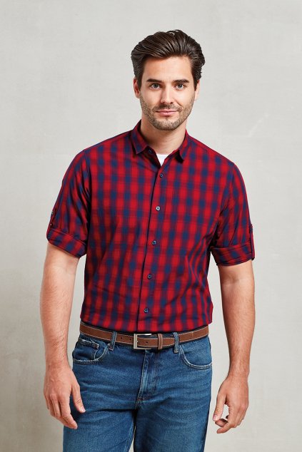 'MULLIGAN' CHECK - MEN'S LONG SLEEVE COTTON SHIRT Red/Navy (Vyberte barvu červená / námořnická modrá, Velikost S)
