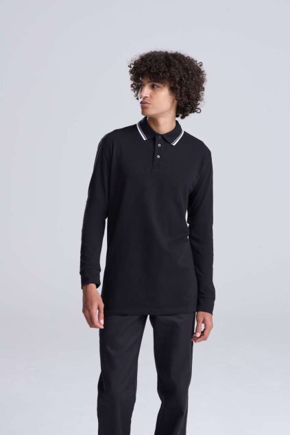 LONG SLEEVE TIPPED 100 POLO Deep Black/White (Vyberte barvu Deep Black/White, Velikost S)