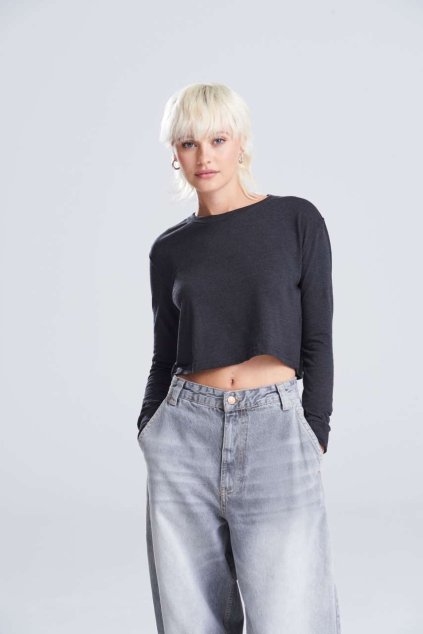 WOMEN'S L/S CROPPED T Heather Black (Vyberte barvu černá žíhaná, Velikost XS)