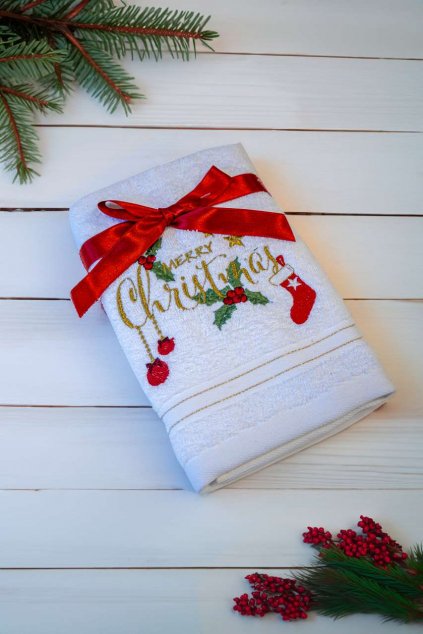 OLIMA CHRISTMAS TOWEL - MERRY CHRISTMAS ORNAMENTS White (Vyberte barvu bílá, Velikost 45X70)