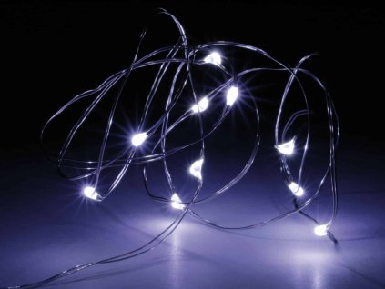 LED svetelná reťaz, strieborný drôt, 10 LED, studená biela, na batérie