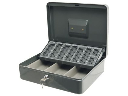 Pokladničný box, 300x240x90 mm, sivý oceľový plech, s vložkou na euromince