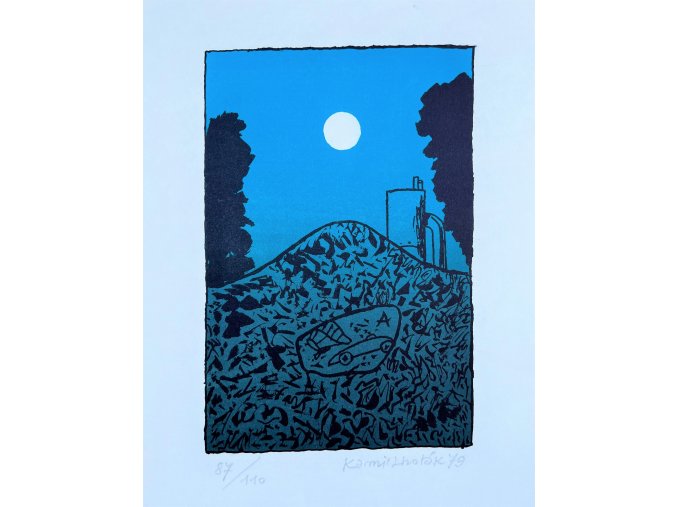 Kamil Lhoták - Měsíc nad nádrží, 1979, litografie