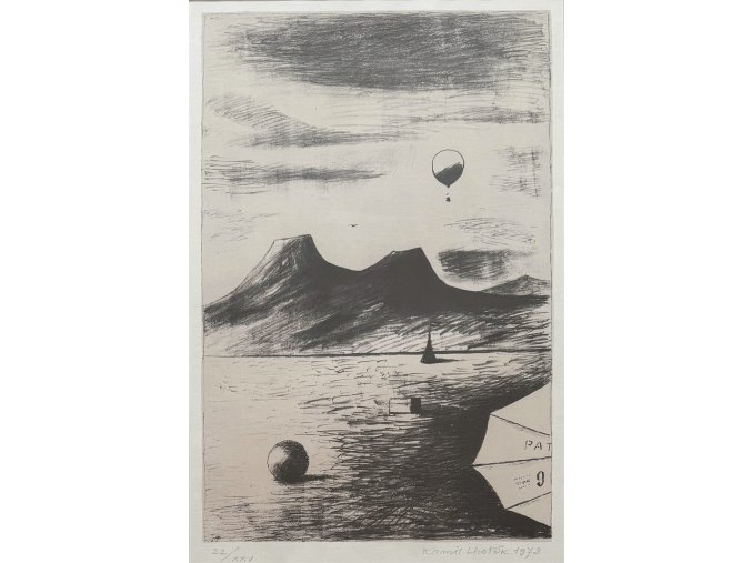 Kamil Lhoták - Patent v krajině s balonem, 1973, litografie