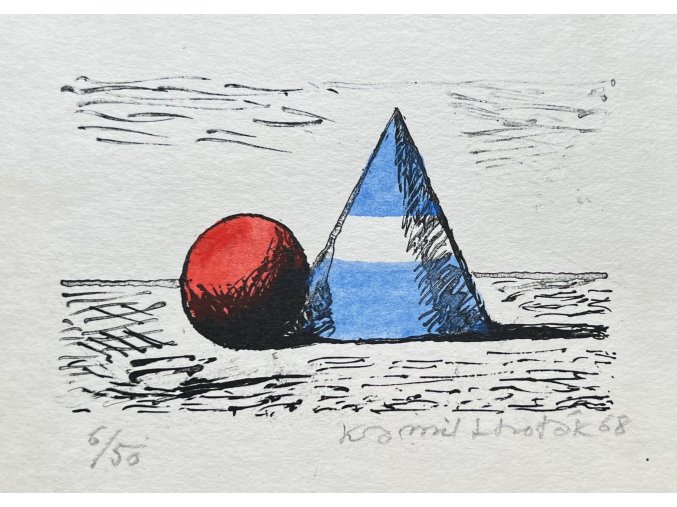 Kamil Lhoták - Červená koule a modrý kužel, 1968, litografie