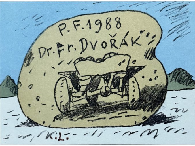 Kamil Lhoták - PF 1988 Dr. Fr. Dvořák (Balvan s vyrytým autem), 1987, litografie