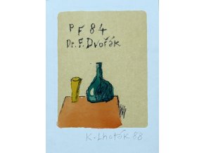 Kamil Lhoták - PF 84 Dr. F. Dvořák. Stůl, láhev, sklenice, 1983, litografie