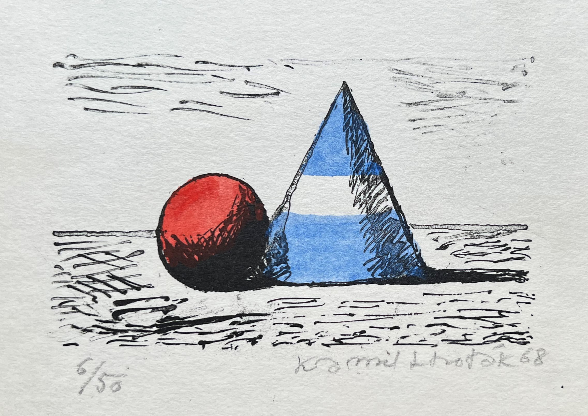 Kamil Lhoták - Červená koule a modrý kužel, 1968, litografie