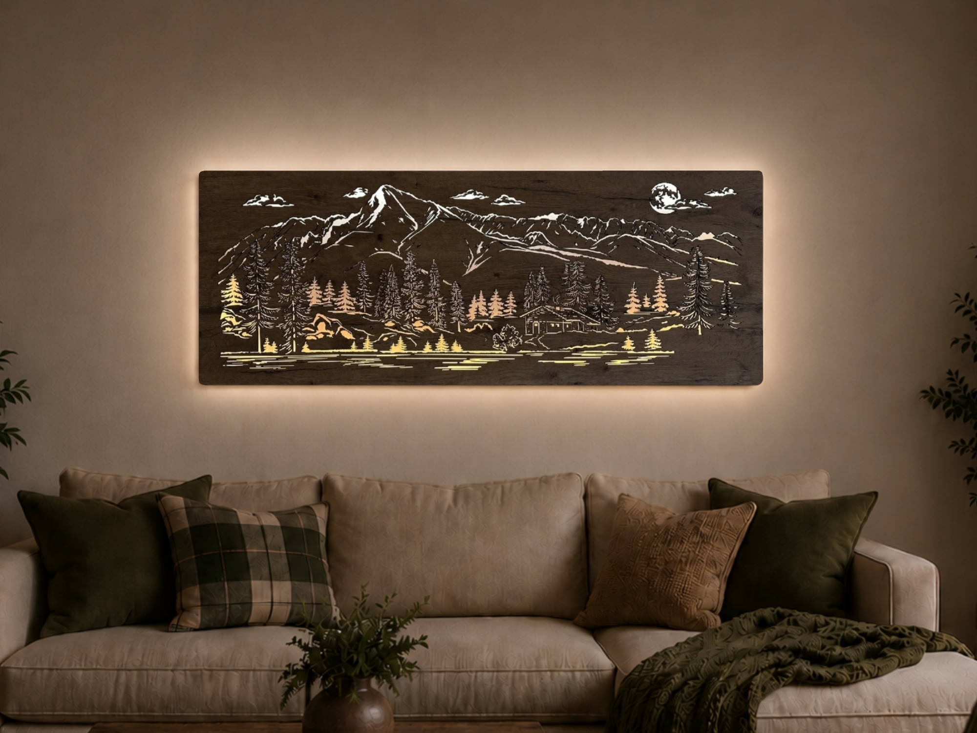 Li-Go "Chata v horách" světelný obraz s baterií a pohybovým čidlem 130x50 cm provedení povrchu: dub