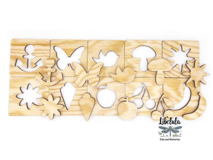 Drevené vzdelávacie puzzle – MIX tvarov, objektov a čísiel (50 ks – náhodný výber)