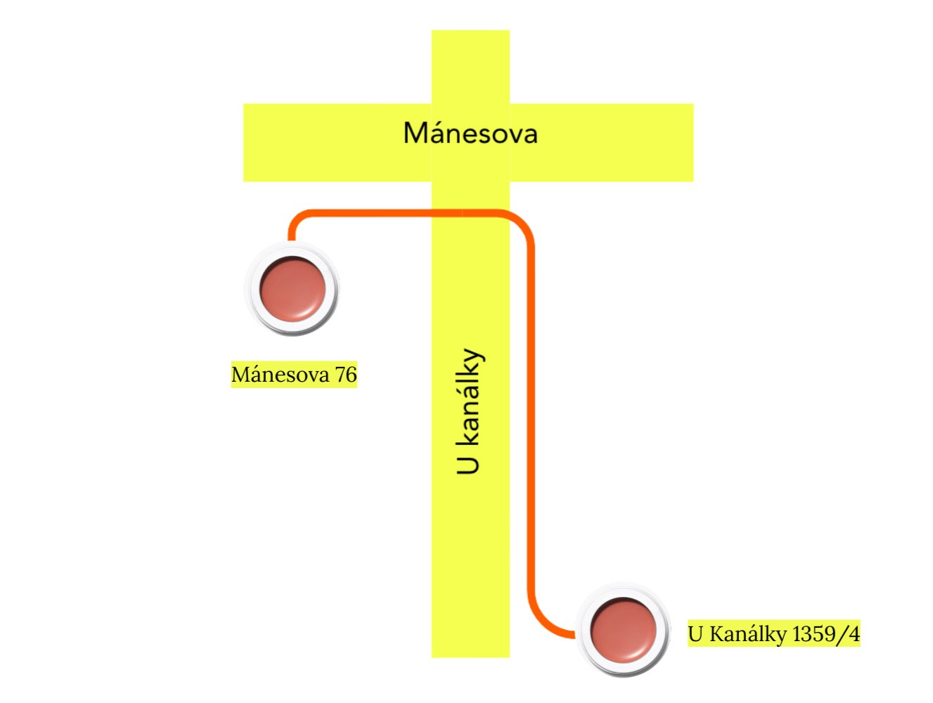 Mapa: z Mánesovy 76 do U Kanálky 1359/4 — 40 kroků