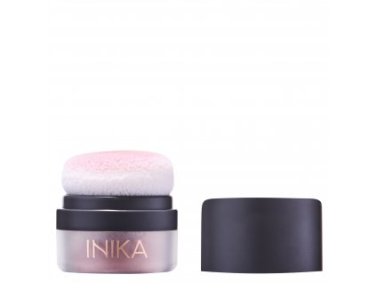 Mineral Blush Puff Pot Rosy front lid off by Inika Organic