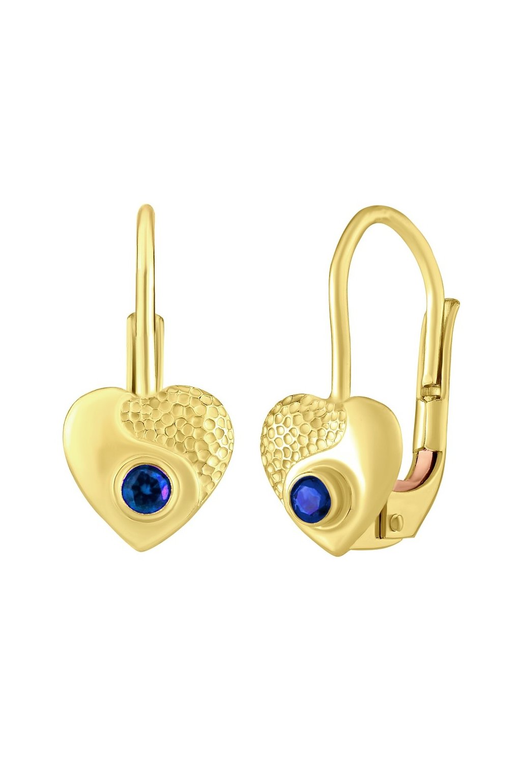 Zlaté náušnice srdiečka so syntetickým zafírom