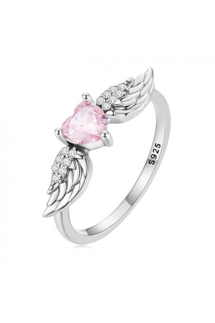 Strieborný prsteň ružové srdce s krídlami (Veľkosť prsteňa 52)