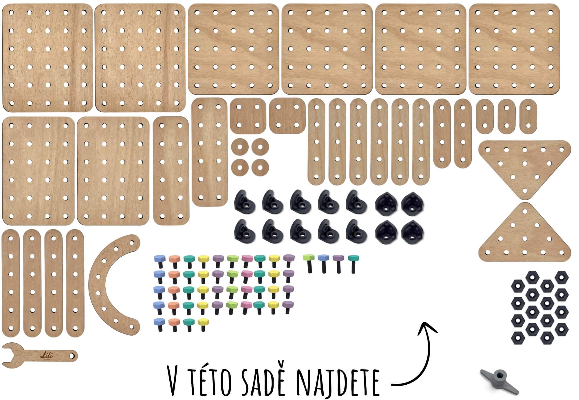 Dílky dřevěné stavebnice Li&Neli určené pro stavbu divadélka.