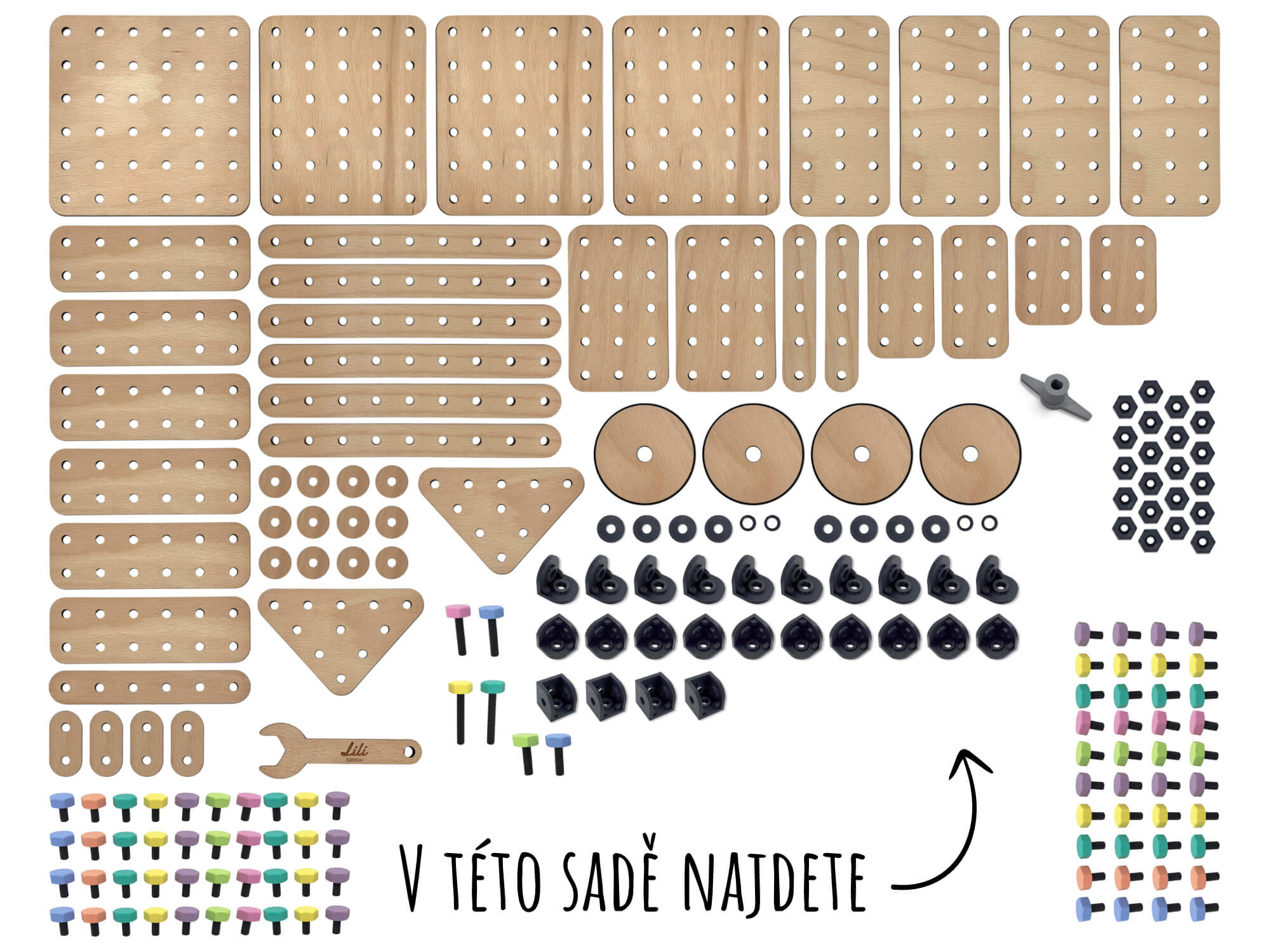 Dílky dřevěné stavebnice Li&Neli určené pro stavbu kočárku.