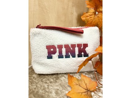 Bílá plyšová kosmetická taška s barevným nápisem Pink Victoria's Secret