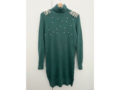 Barevné svetrové šaty s rolákem a perličkami