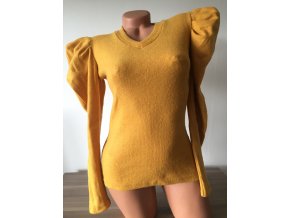 Dámský okrový svetr s nabíranými rukávy, velikost univerzální