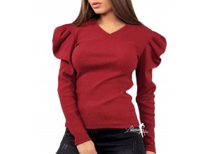 Dámský tmavě červený/bordó svetr s nabíranými rukávy, velikost univerzální