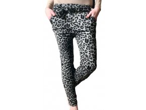 Dámské šedočerné elegantní kalhoty s leopardím vzorem a páskem Styleo
