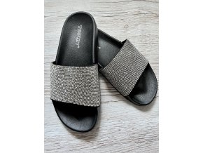 Dámské černé nazouváky/sandály se stříbrnými kamínky, velikost 36