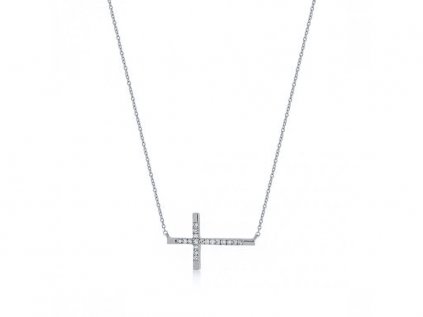 Zdobený náhrdelník v bílém zlatě s diamanty, křížek LLV59-DN030W
