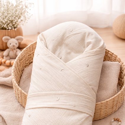 Péřová mušelínová zavinovačka - Noční obloha písková (výšivka) Lily is sailing