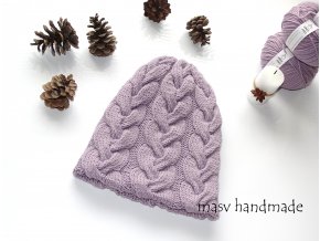 Pletená čepice s copánky lila 100% merino  masv handmade