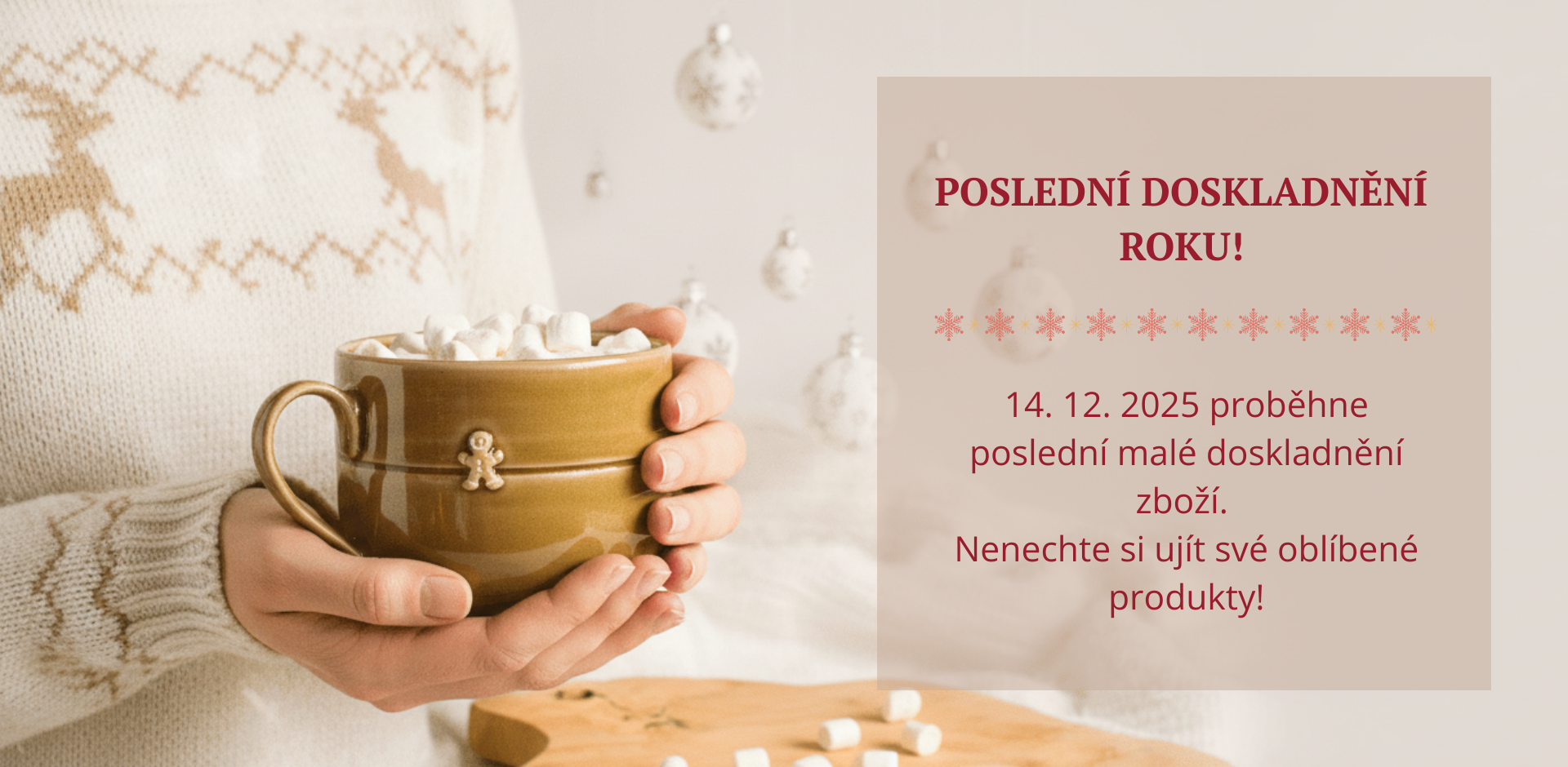 Vánoční oznámení o posledním doskladnění roku - žena drží hrnek s horkou čokoládou a marshmallow