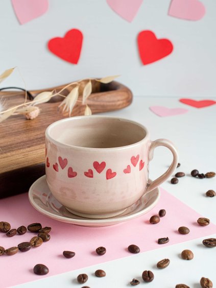 Keramický šálek s podšálkem starorůžový se srdíčky